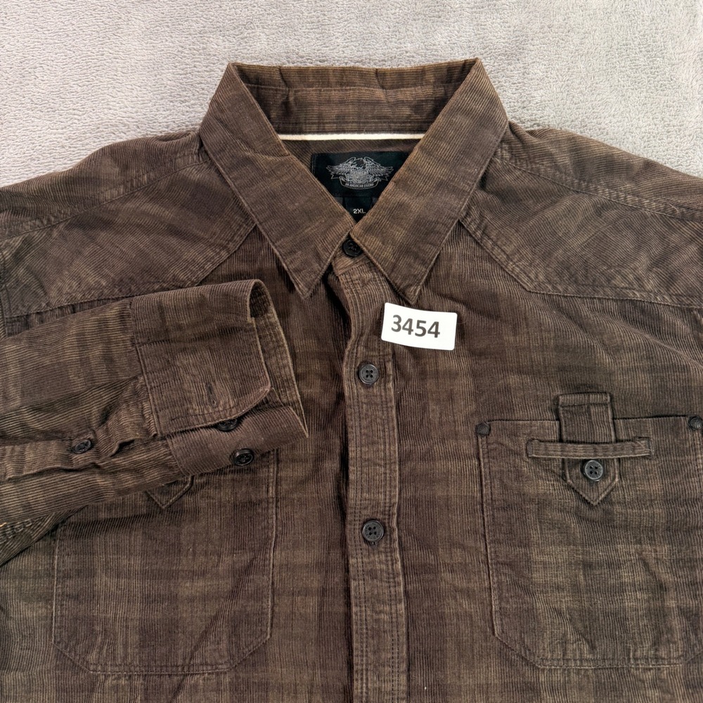 Harley-Davidson Button Down Mens 2XL Brown Corduroy Plaid‎ Western Shirt Cowboy
